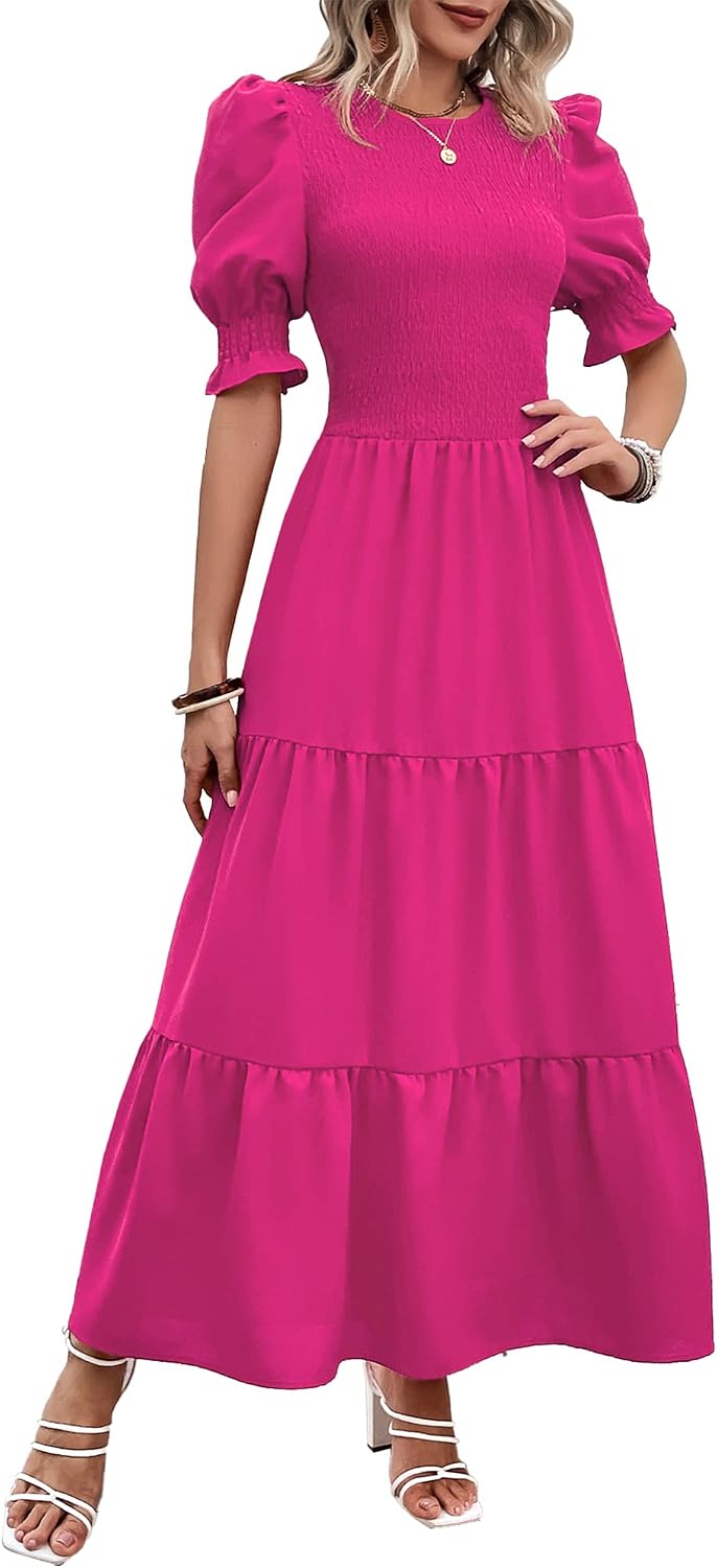BTFBM Casual Maxi Summer Dresses for Women 2026 | Crew Neck, Puff Short Sleeve, Smocked Bust, Button Keyhole Back, Tiered, Flowy, Floral Boho Wedding Guest Dress With Pockets