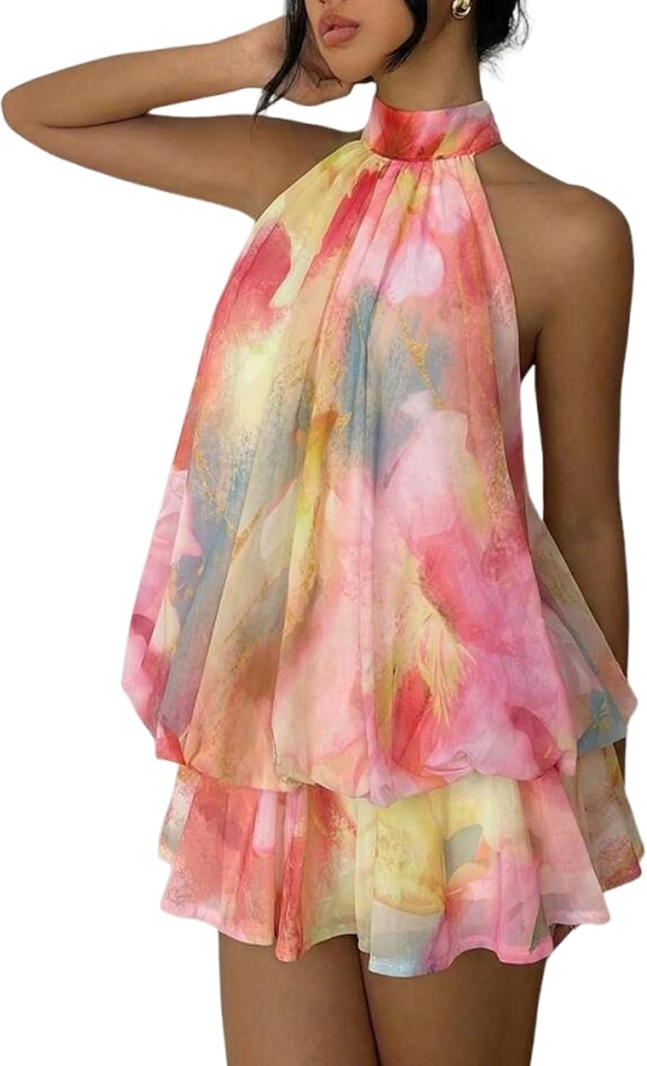 Chiffon halter mini dress with drop waist and ruffle detail