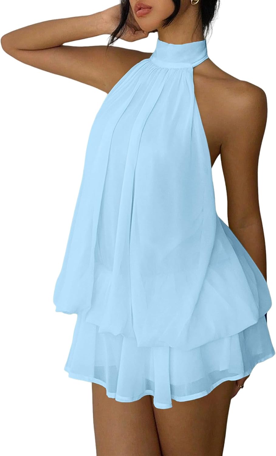 Chiffon halter mini dress with drop waist and ruffle detail
