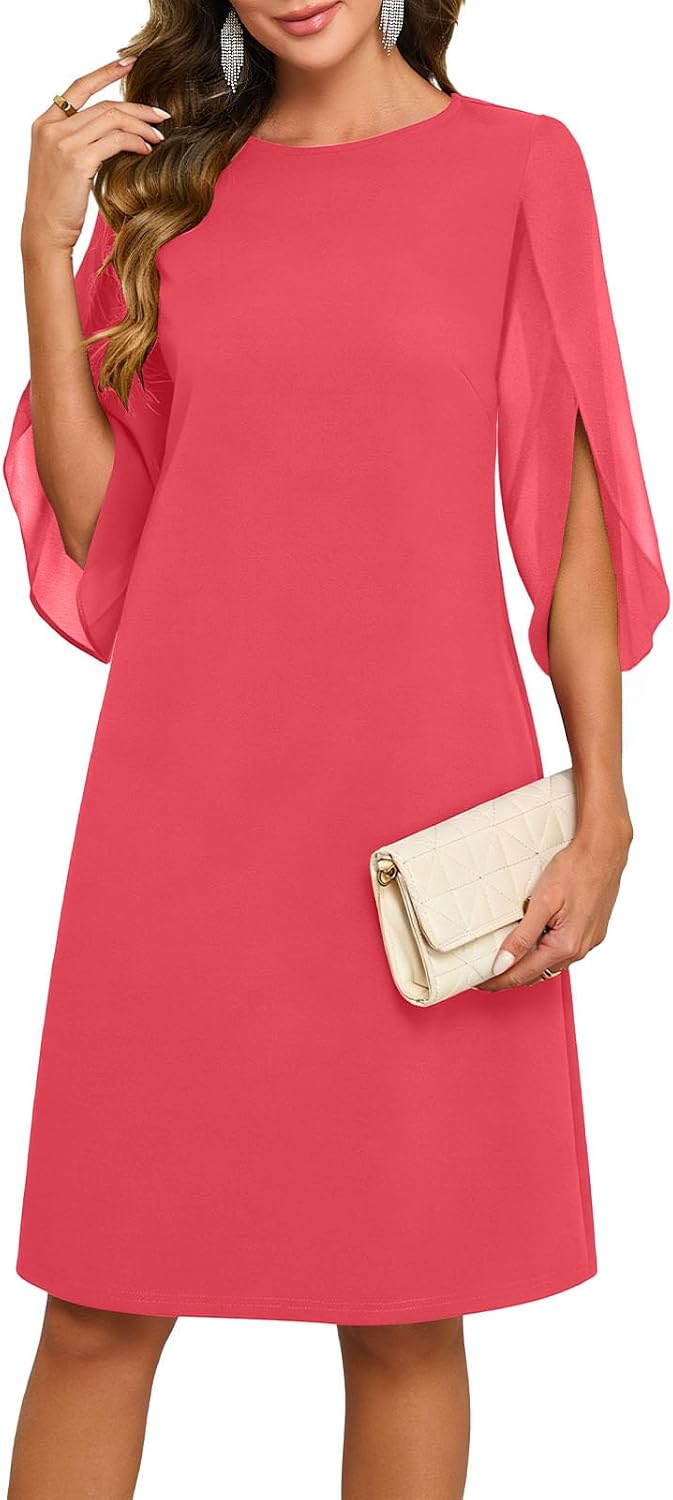 Chiffon midi dress with flutter sleeves and crew neckline