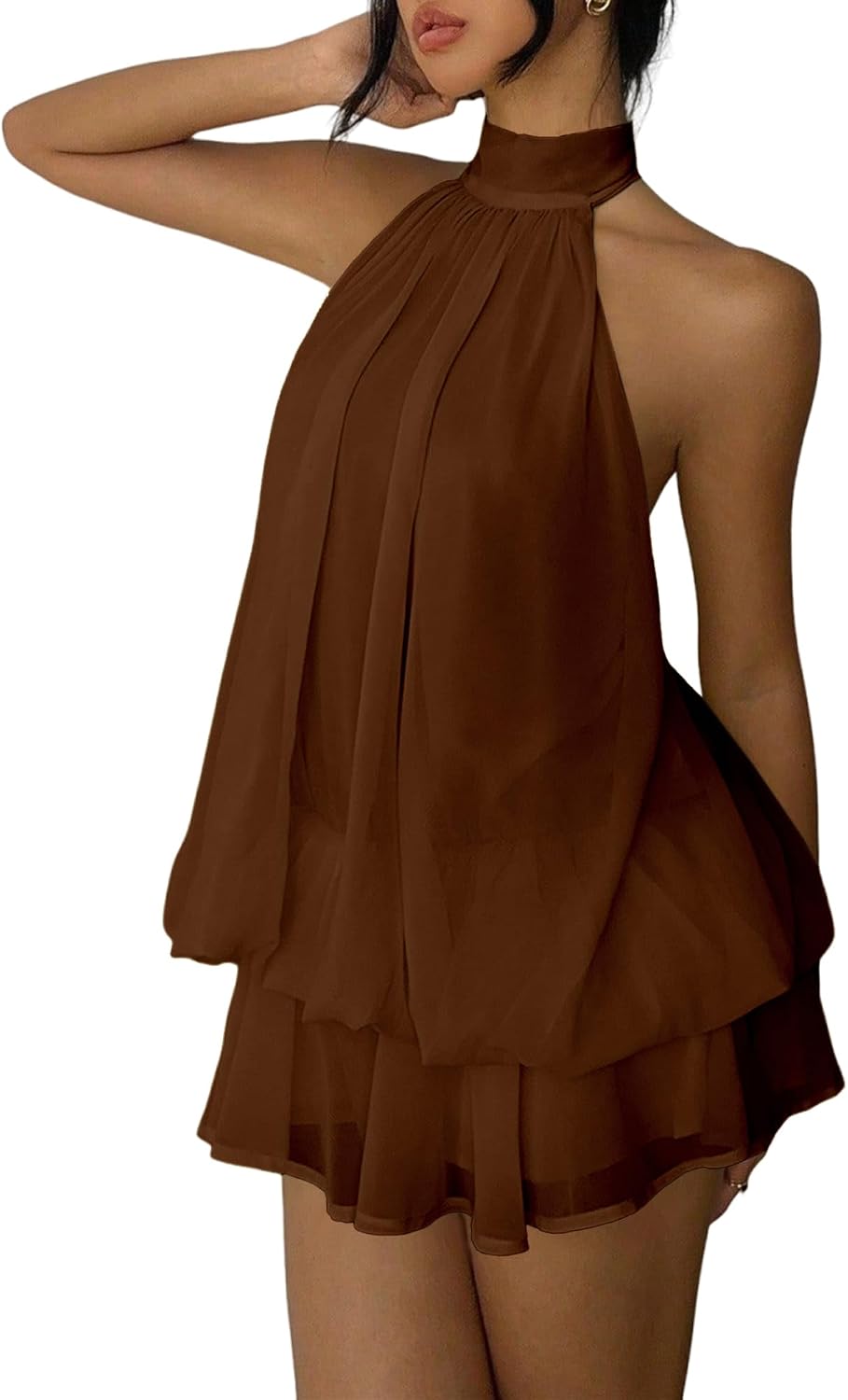 Chiffon halter mini dress with drop waist and ruffle detail
