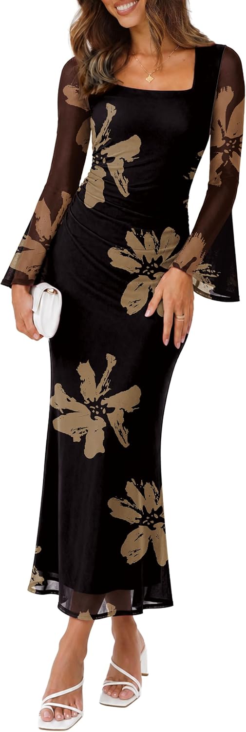 Square neck bodycon maxi dress with long mesh sleeves