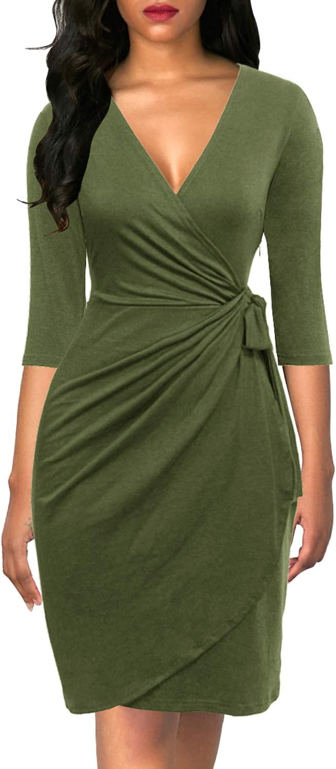 Faux wrap midi dress with V-neck, 3/4 sleeves, and ruched sheath silhouette