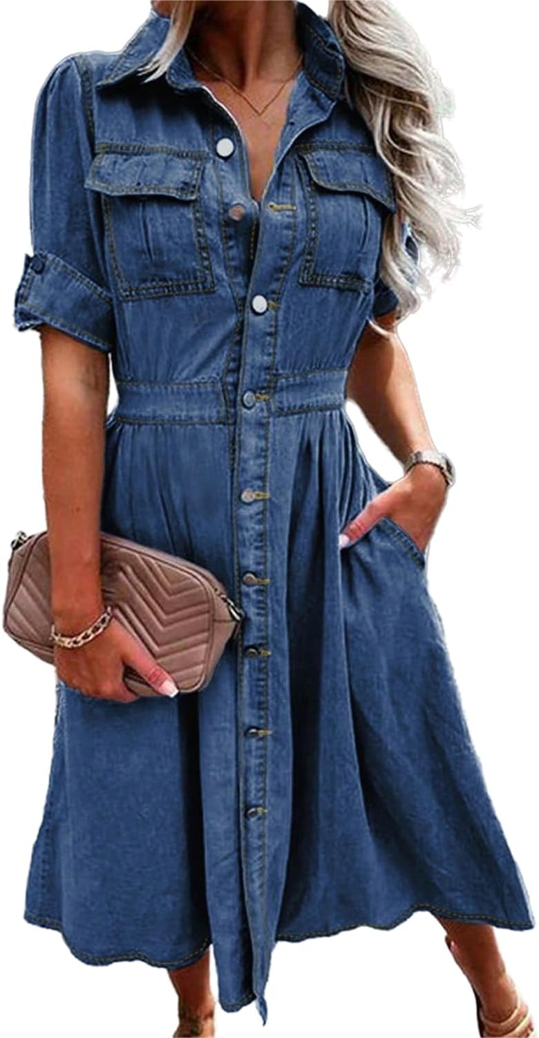 Denim shirt dress with short sleeves, button-down front, and side pockets