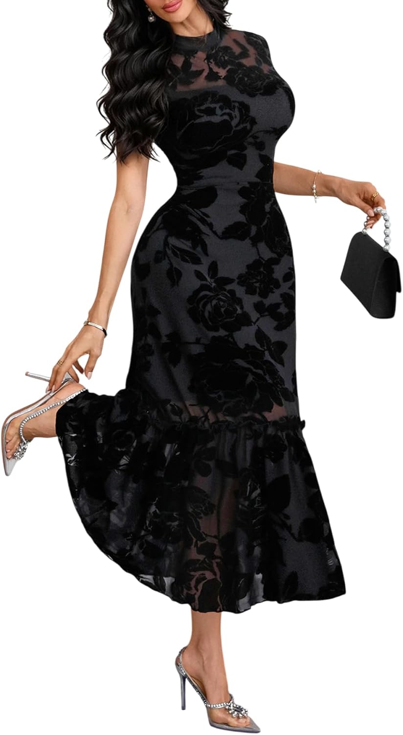 Floral mesh maxi dress with ruffle detail
