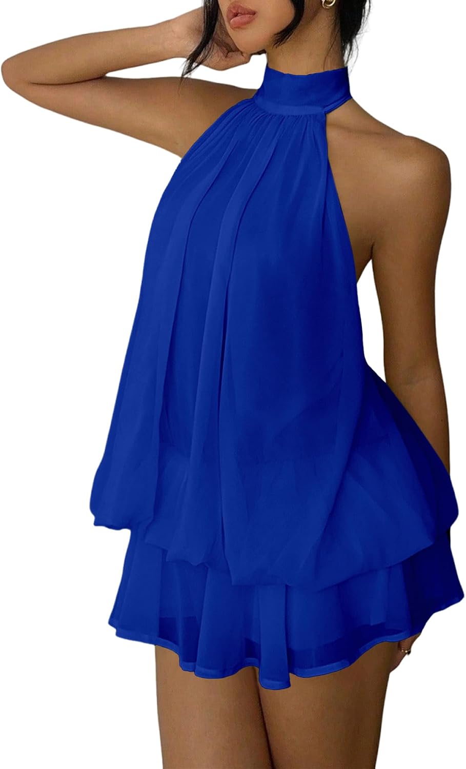 Fhykiss Women's Chiffon Halter Drop Waist Mini Dress Wedding Guest Dresses Ruffle Formal Holiday Club Brunch Outfits