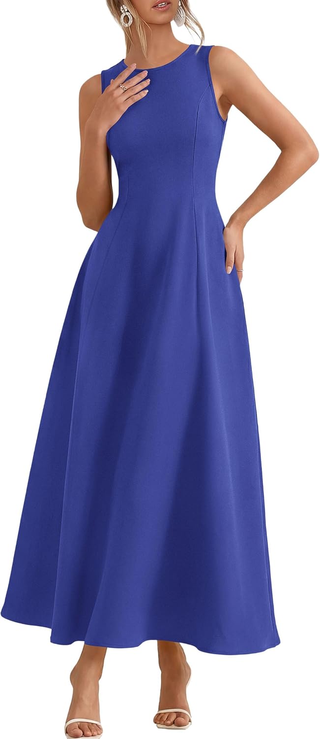 Sleeveless maxi tank dress with flared A-line skirt and pockets