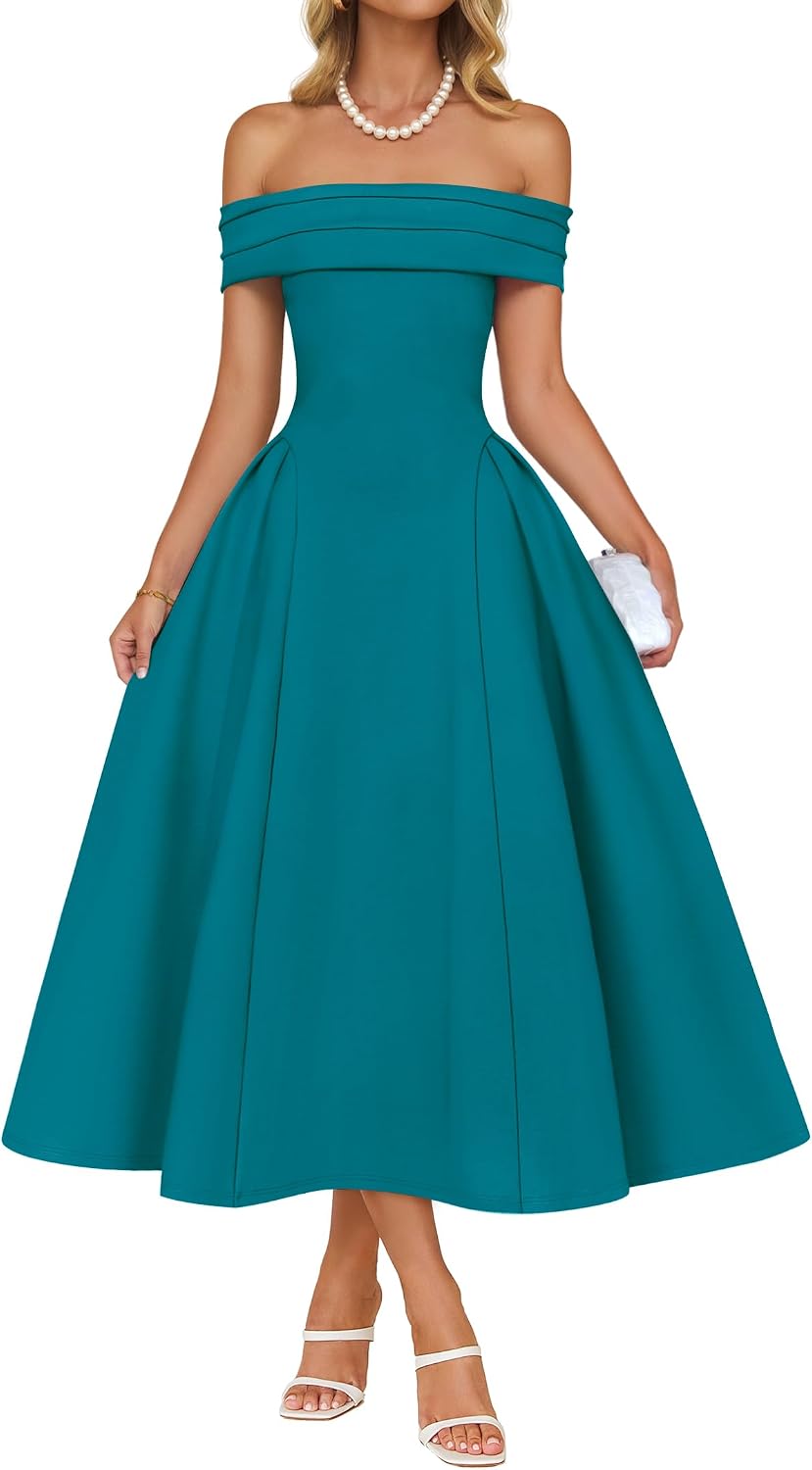 Off-shoulder cocktail dress with flowy A-line skirt and high waist