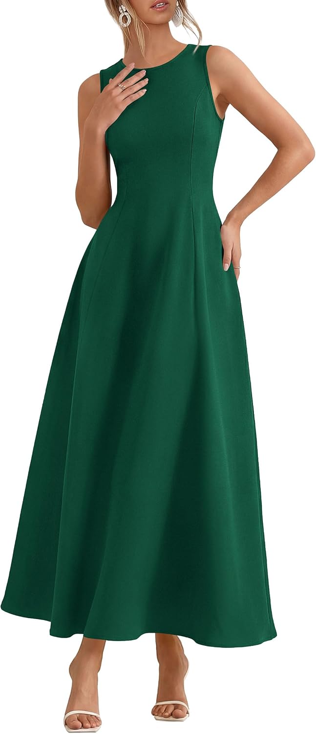 Sleeveless maxi tank dress with flared A-line skirt and pockets