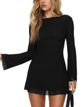 Front view of long sleeve backless mini dress