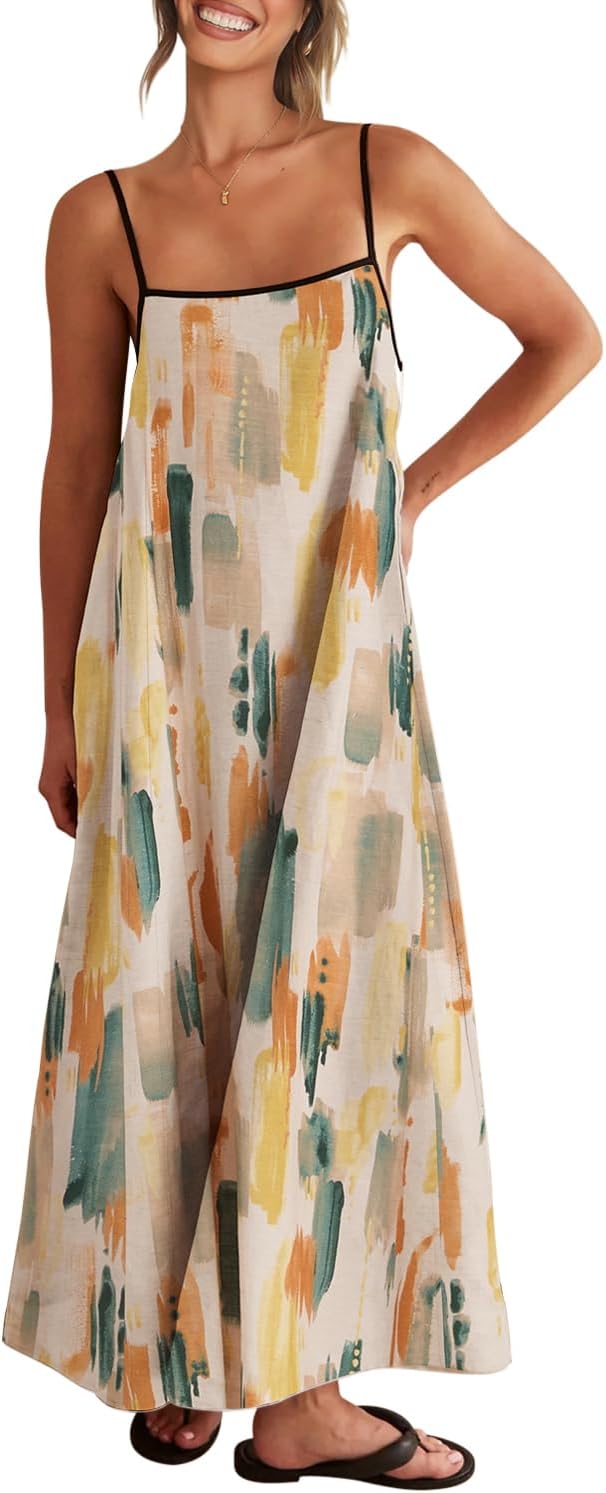 Linen-look maxi dress with spaghetti straps, side pockets, and boho styling