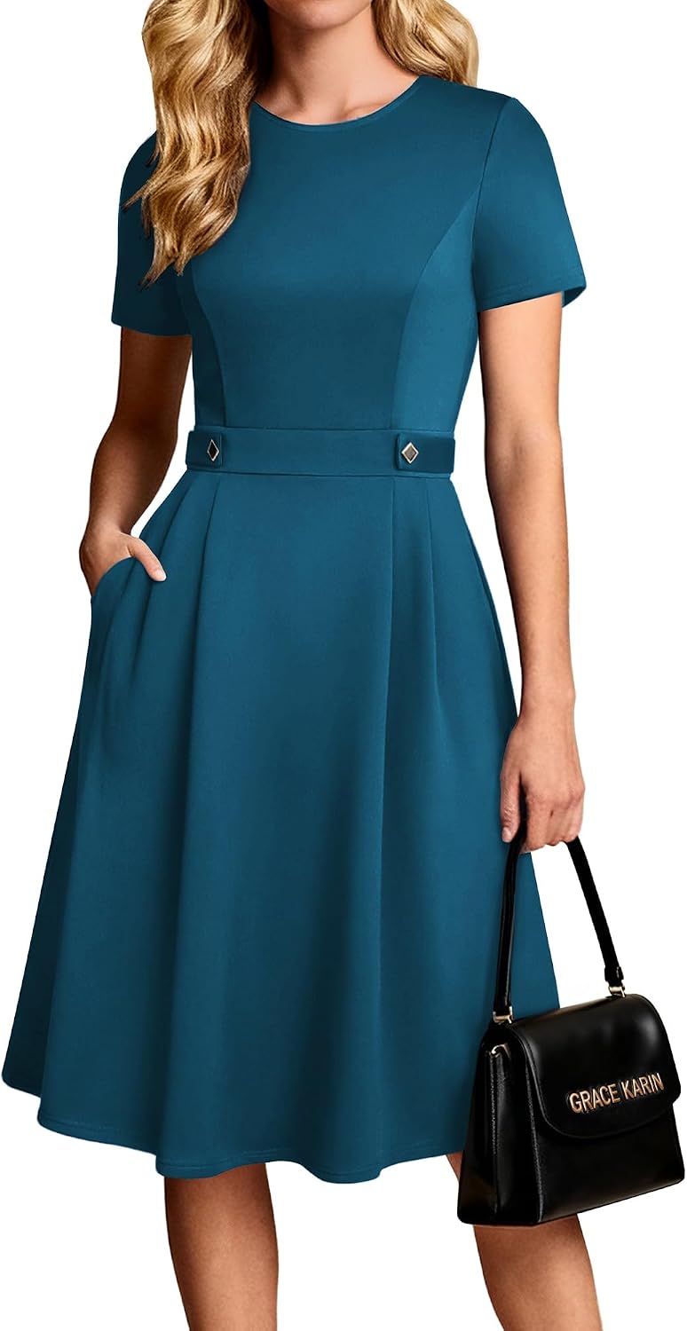 A-line midi dress with short sleeves and side pockets