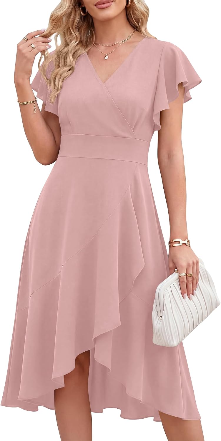 ANRABESS Womens Fall Wedding Guest Cocktail Semi Formal Wrap Midi Dresses | High-Low Ruffle Hem, V Neck A Line Flutter Sleeve, Elegant Classy, Ideal for Homecoming Prom, Evening Party