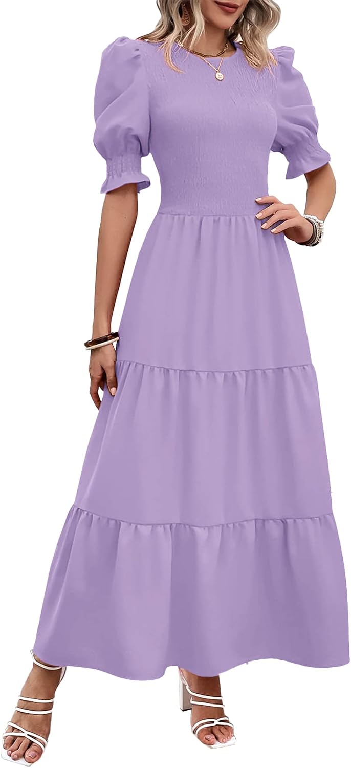 Smocked maxi dress with puff sleeves and tiered skirt