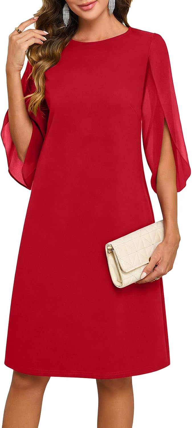 Chiffon midi dress with flutter sleeves and crew neckline
