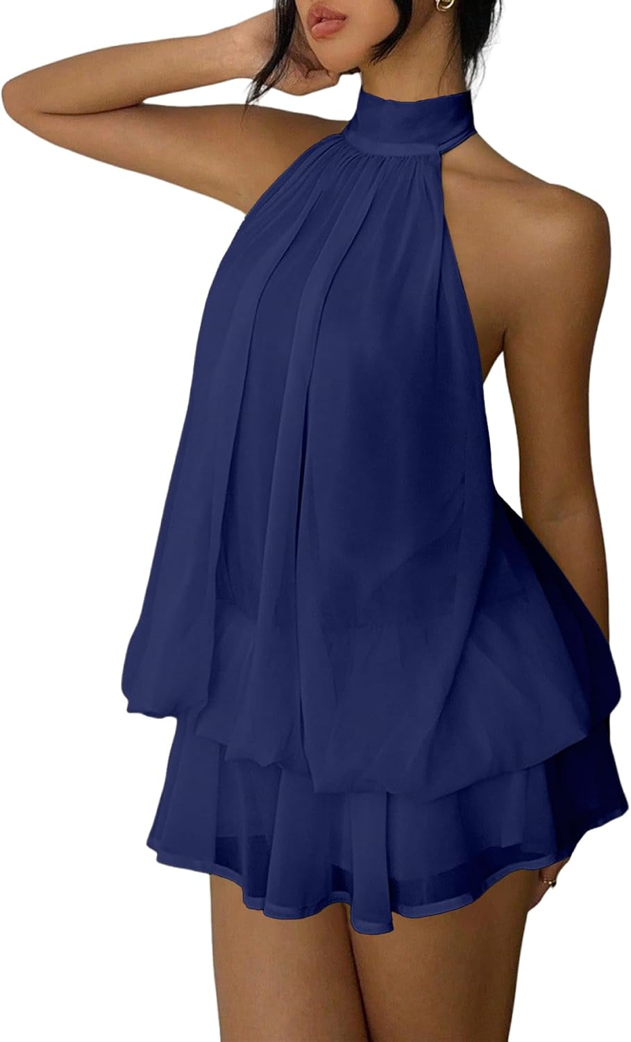 Chiffon halter mini dress with drop waist and ruffle detail