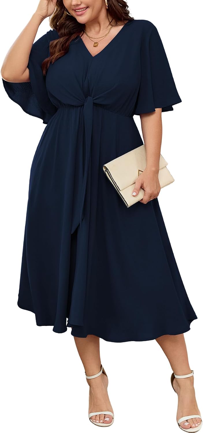 Three-quarter view of tie-waist dress