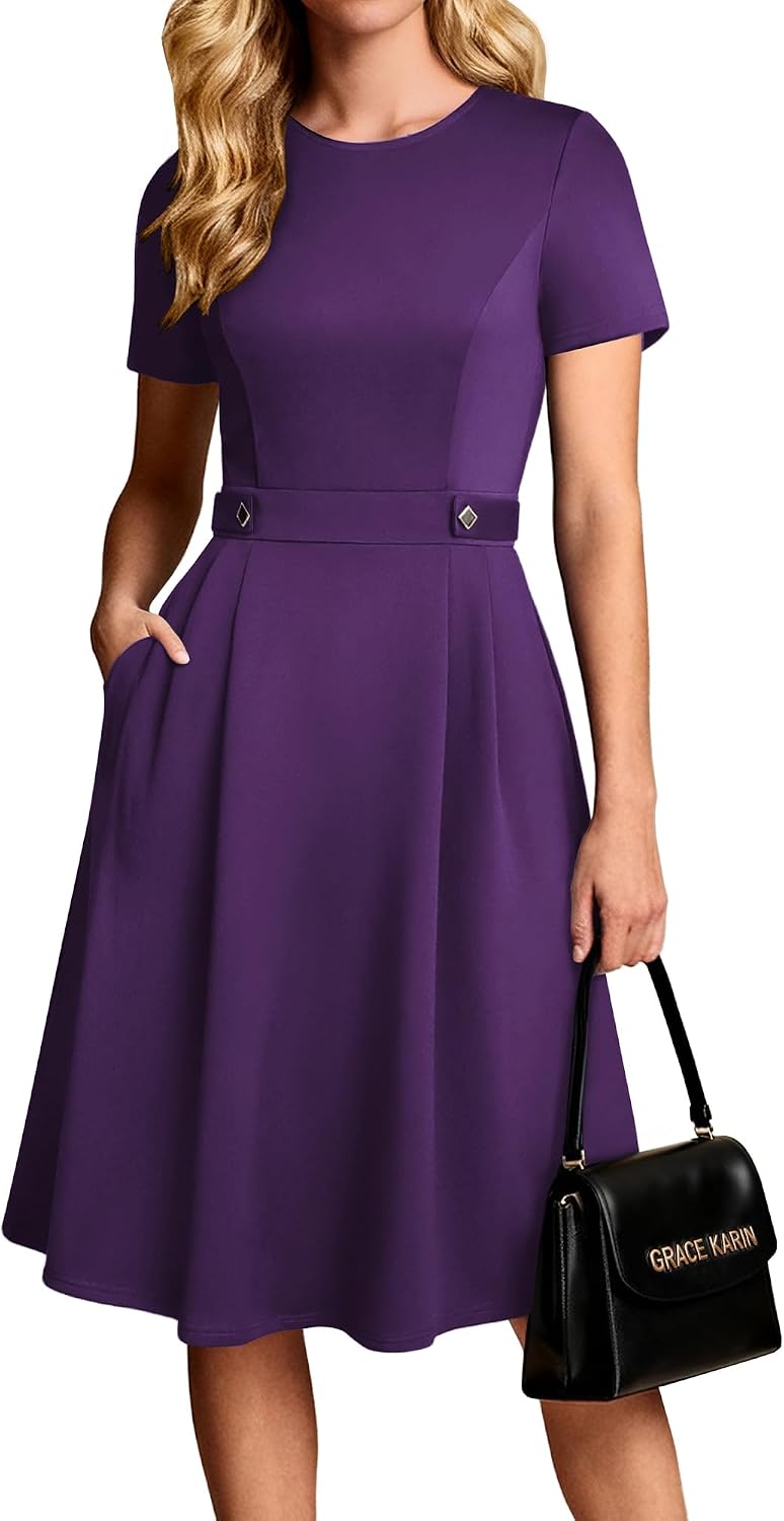 A-line midi dress with short sleeves and side pockets