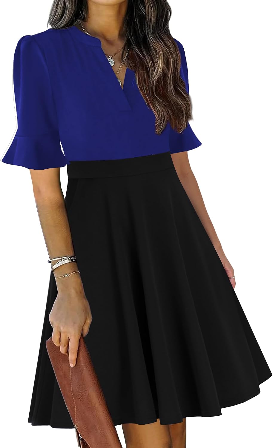 Ruffle sleeve fit-and-flare dress with V-neck and knee-length hem