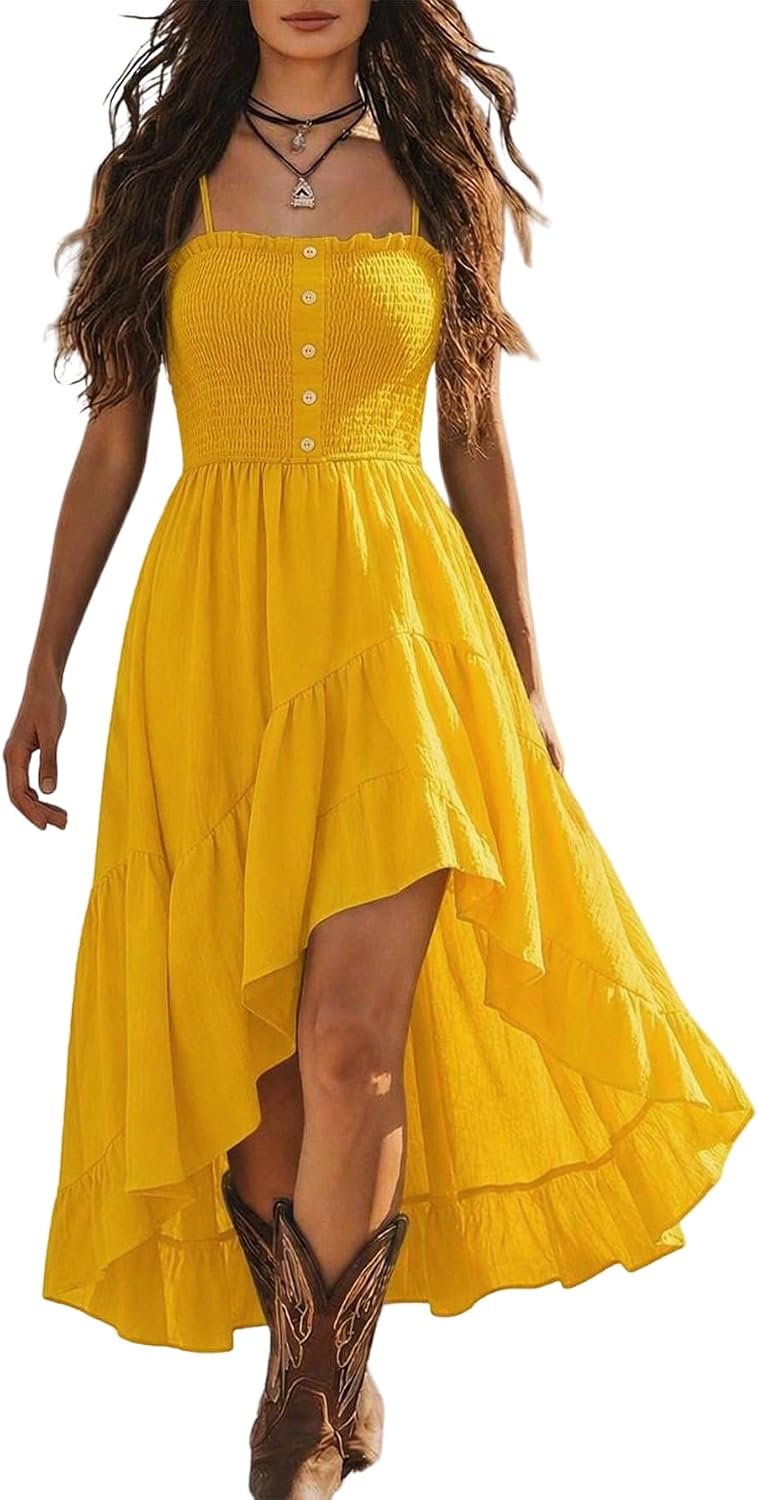 BEAUDRM Women's Western Long Dress Flowy Ruffle Boho Cowgirl Cami Dresses | Country Concert Outfit, Vacation Cowgirl Dress, High Low Hem, Vintage, Flowy, Sleeveless