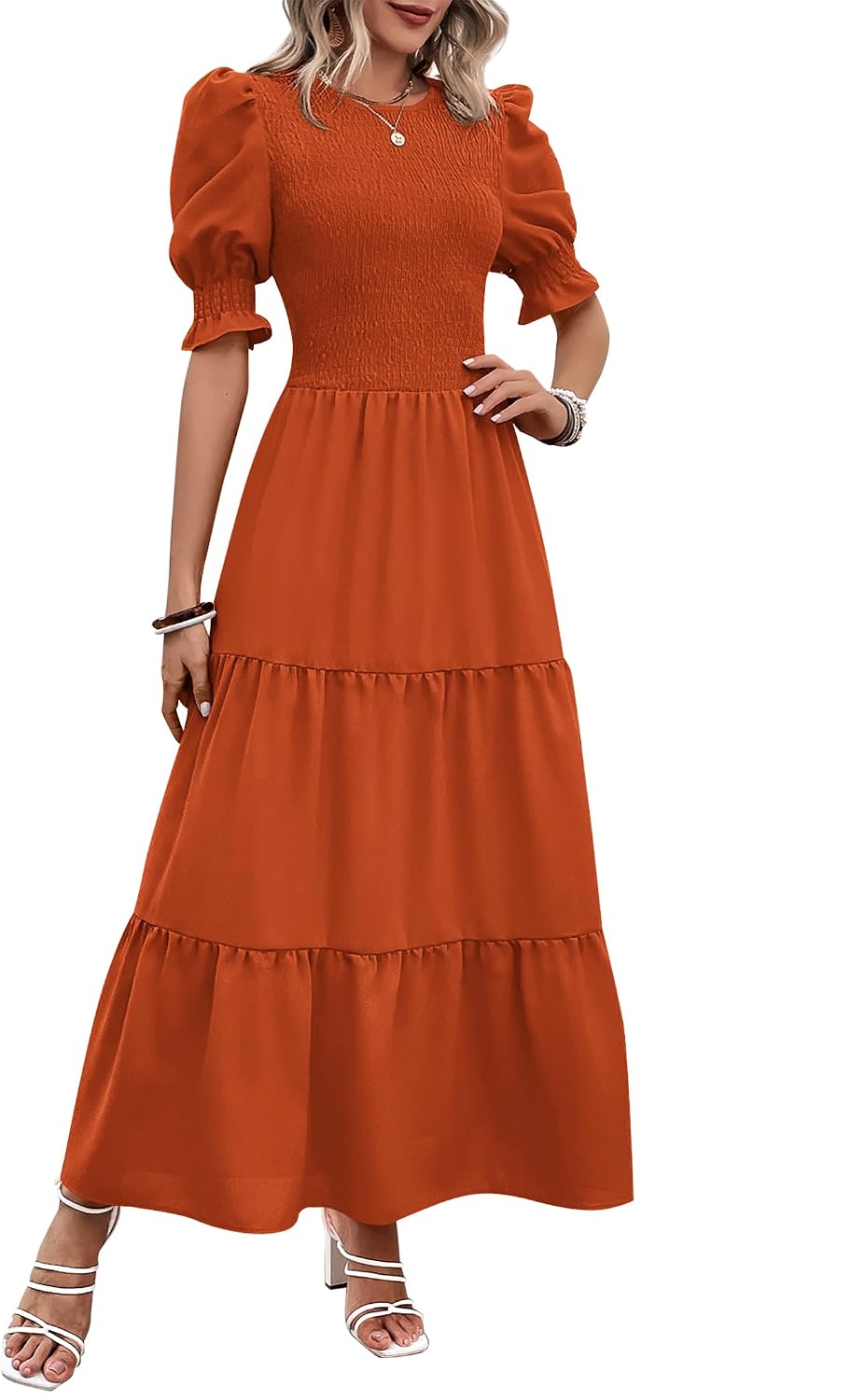 BTFBM Casual Maxi Summer Dresses for Women 2026 | Crew Neck, Puff Short Sleeve, Smocked Bust, Button Keyhole Back, Tiered, Flowy, Floral Boho Wedding Guest Dress With Pockets
