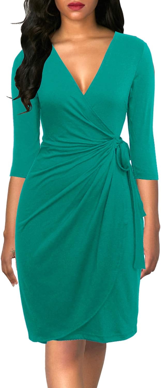 Faux wrap midi dress with V-neck, 3/4 sleeves, and ruched sheath silhouette
