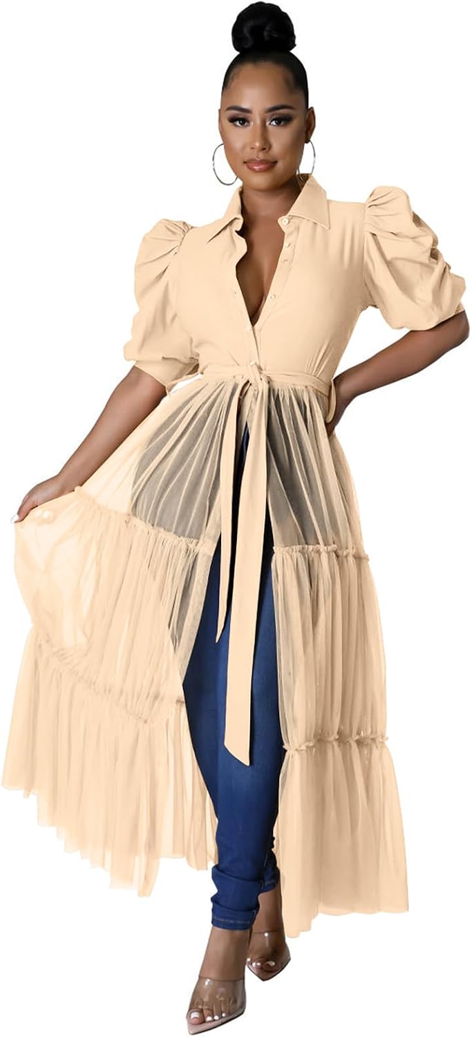 Ruffle tunic dress with belt and asymmetrical hem