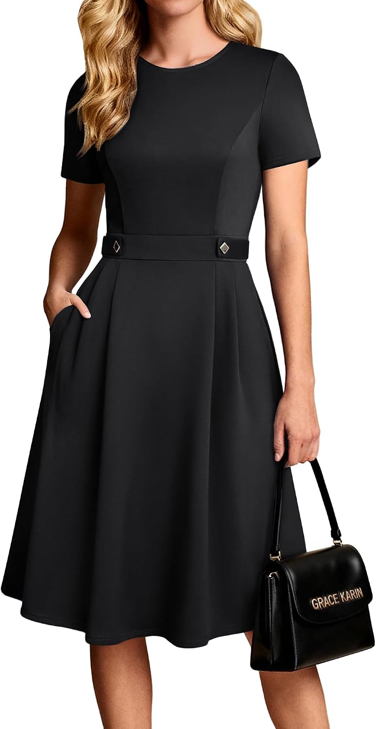 A-line midi dress with short sleeves and side pockets