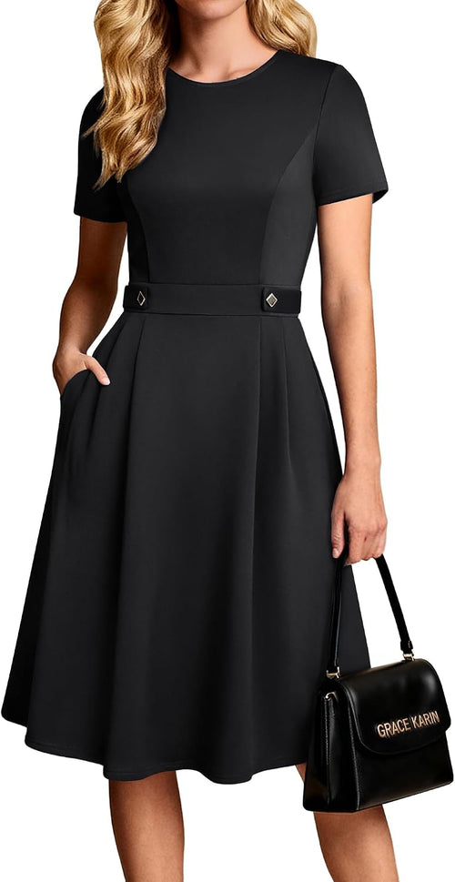 A-line midi dress with short sleeves and side pockets