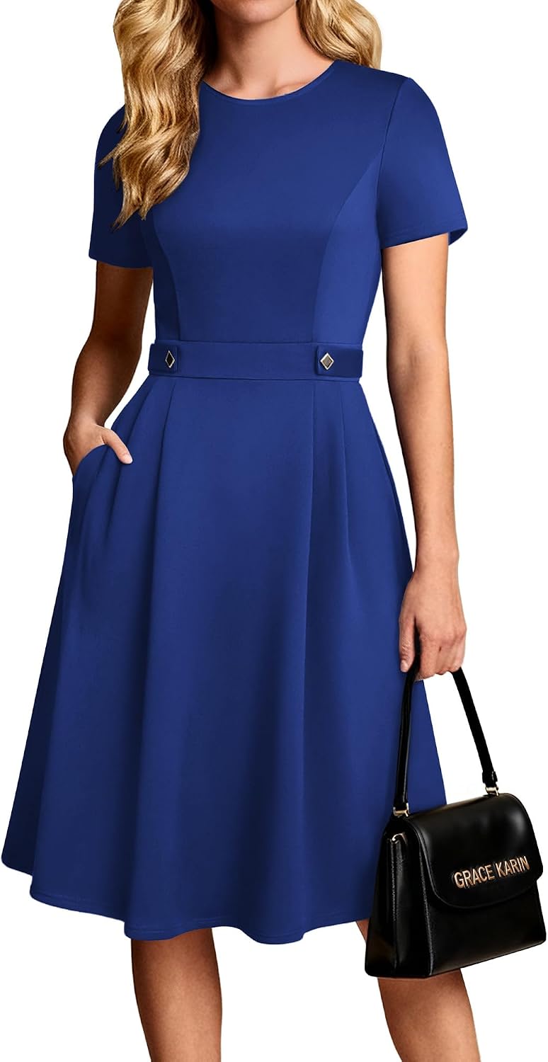 A-line midi dress with short sleeves and side pockets