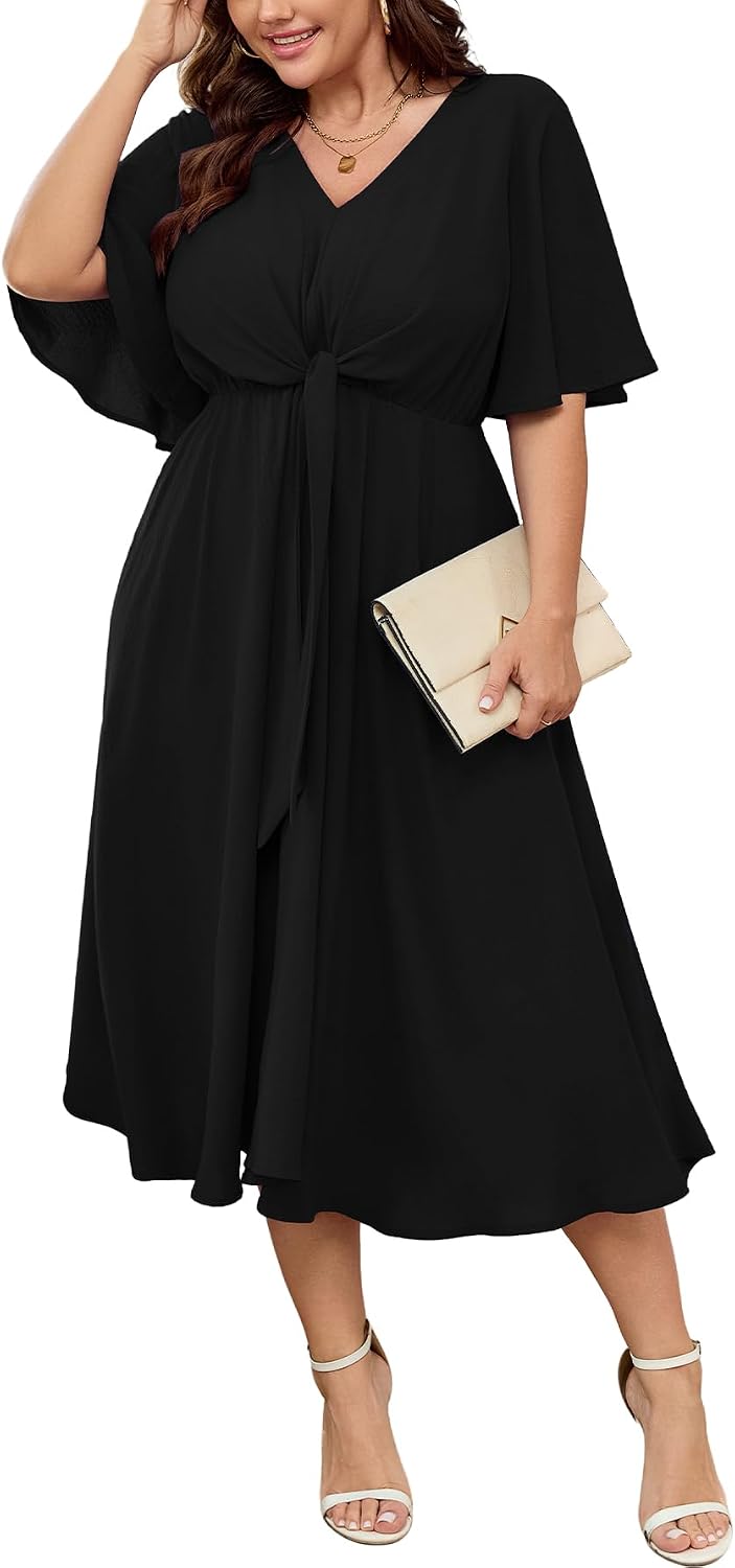 Front view of plus size tie-waist midi dress