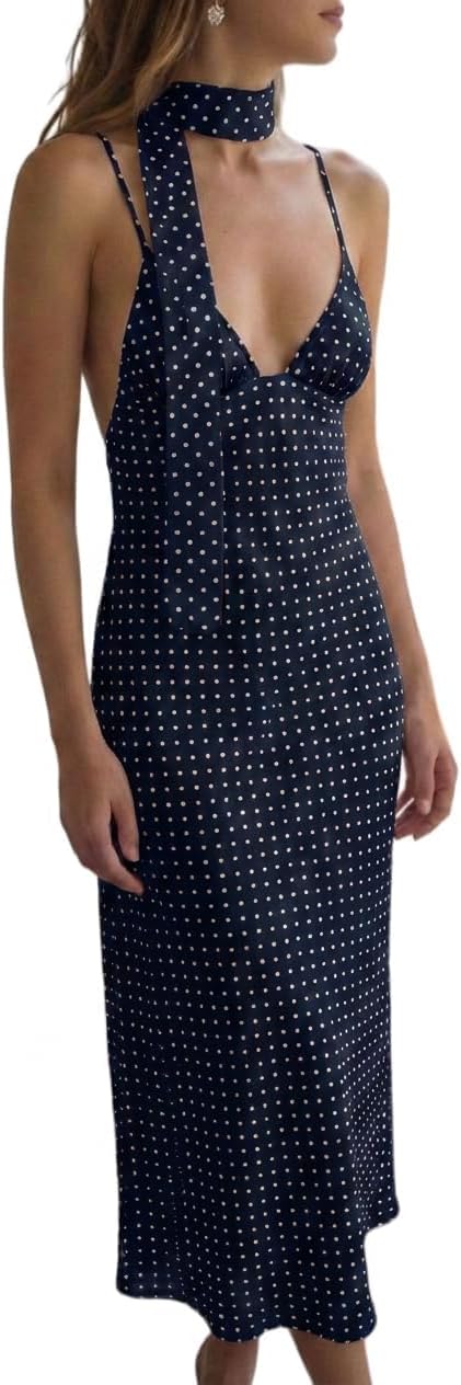 Polka dot backless maxi dress with v-neck and spaghetti straps