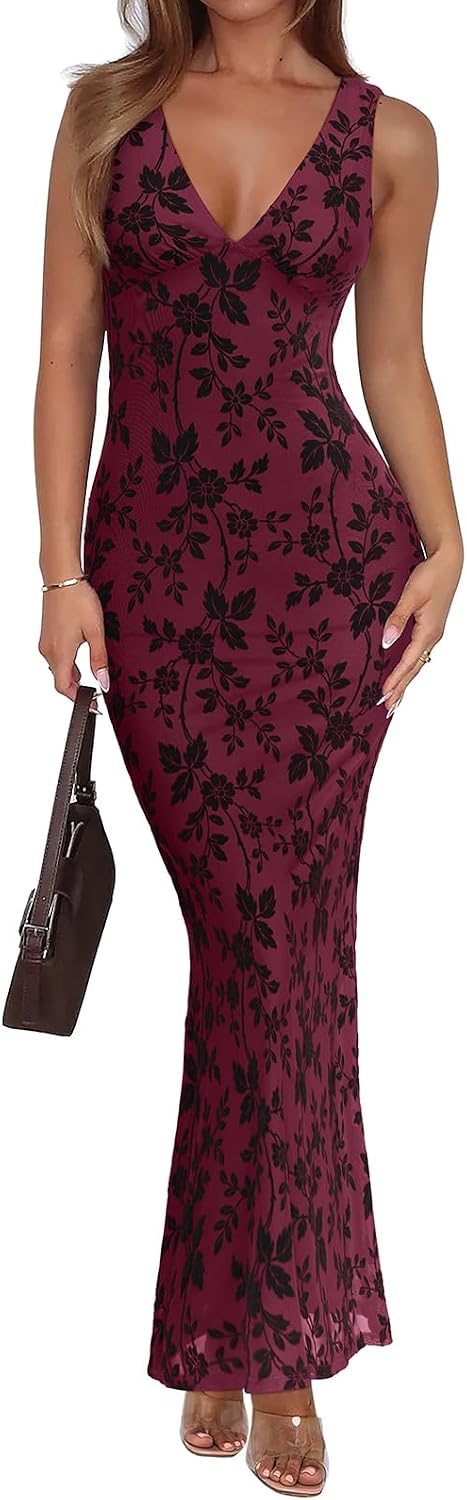 Sleeveless V-neck maxi dress with sheer mesh overlay and fitted silhouette