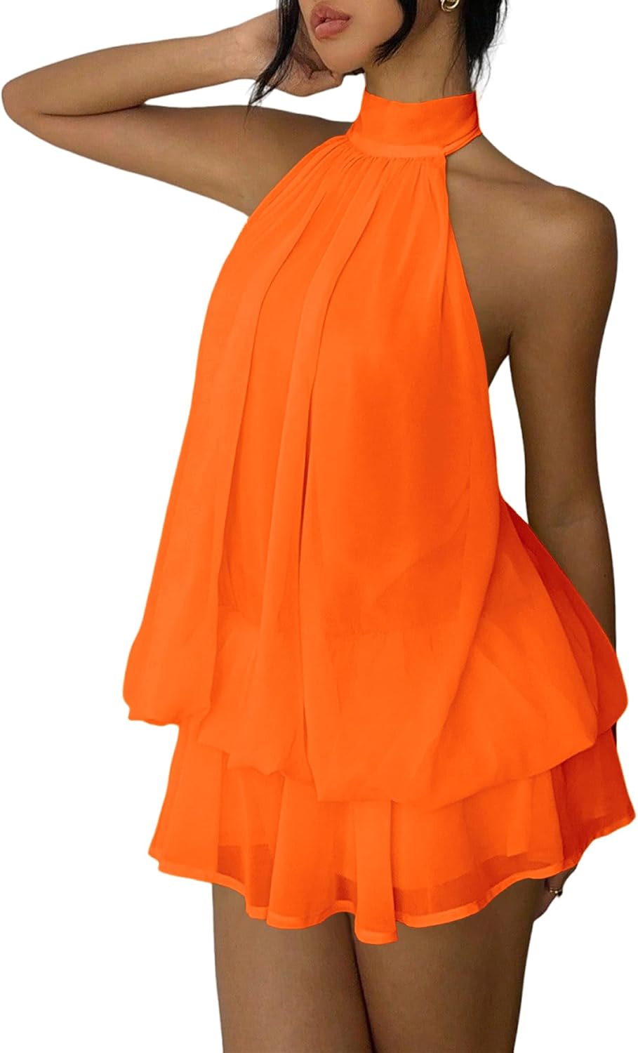 Chiffon halter mini dress with drop waist and ruffle detail