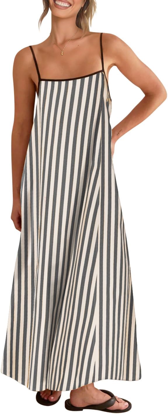 Linen-look maxi dress with spaghetti straps, side pockets, and boho styling