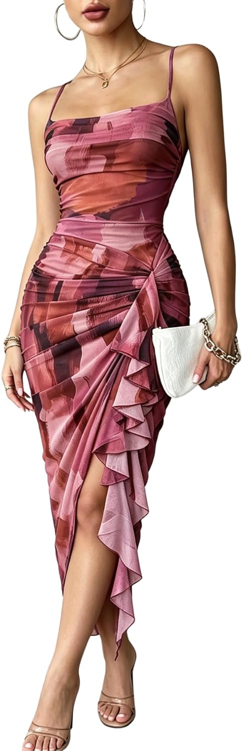Floral mesh bodycon midi dress with high slit and ruched detailing