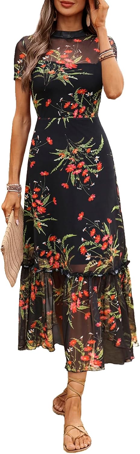 Floral mesh maxi dress with ruffle detail
