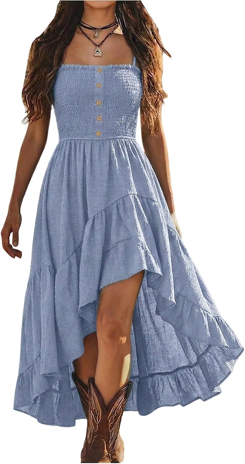 BEAUDRM Women's Western Long Dress Flowy Ruffle Boho Cowgirl Cami Dresses | Country Concert Outfit, Vacation Cowgirl Dress, High Low Hem, Vintage, Flowy, Sleeveless