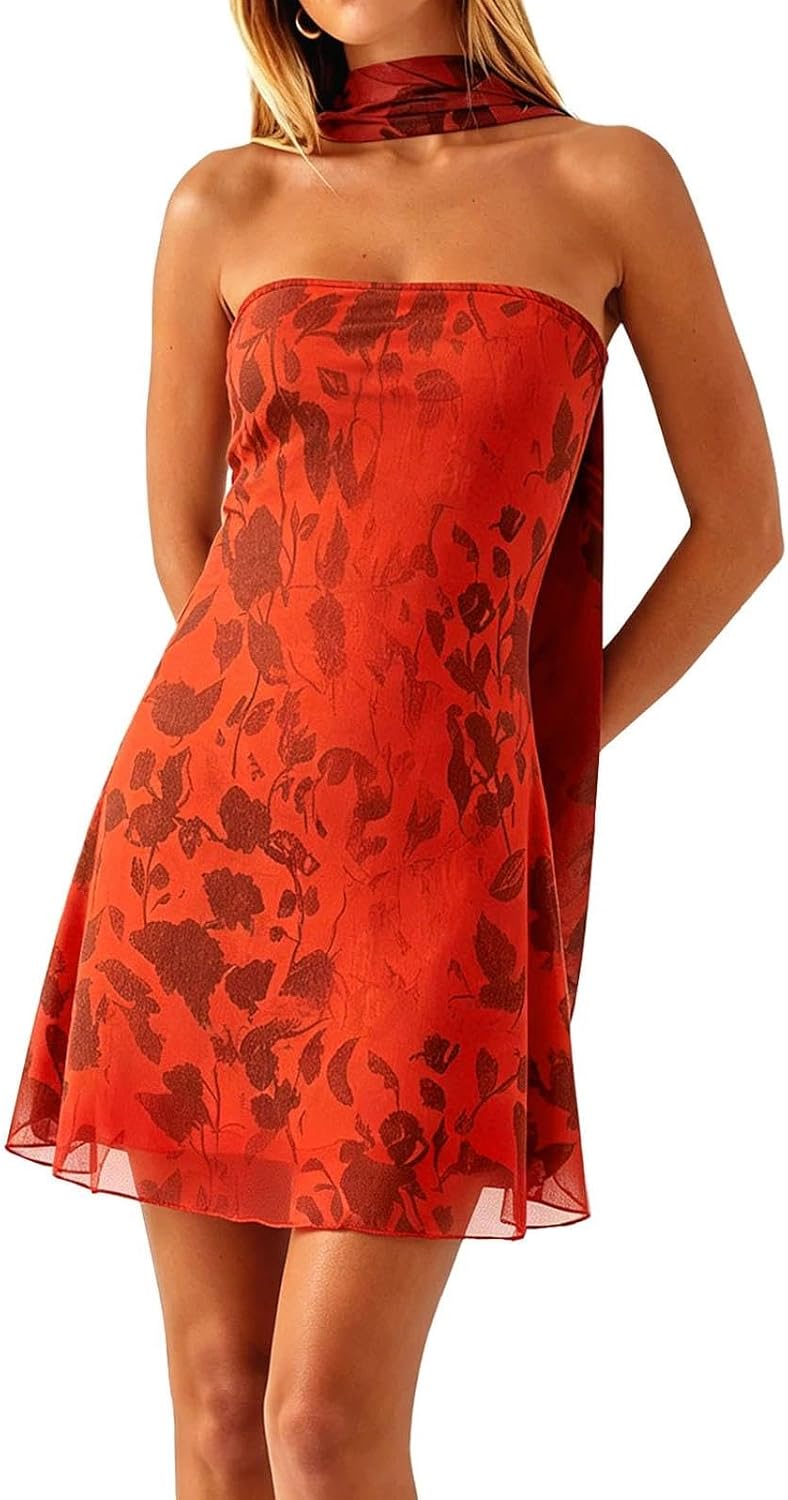 Floral strapless tube mini dress with sheer mesh scarf accent