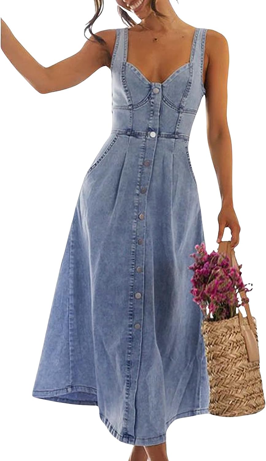 Sleeveless button-down denim midi dress with a slim, fitted silhouette