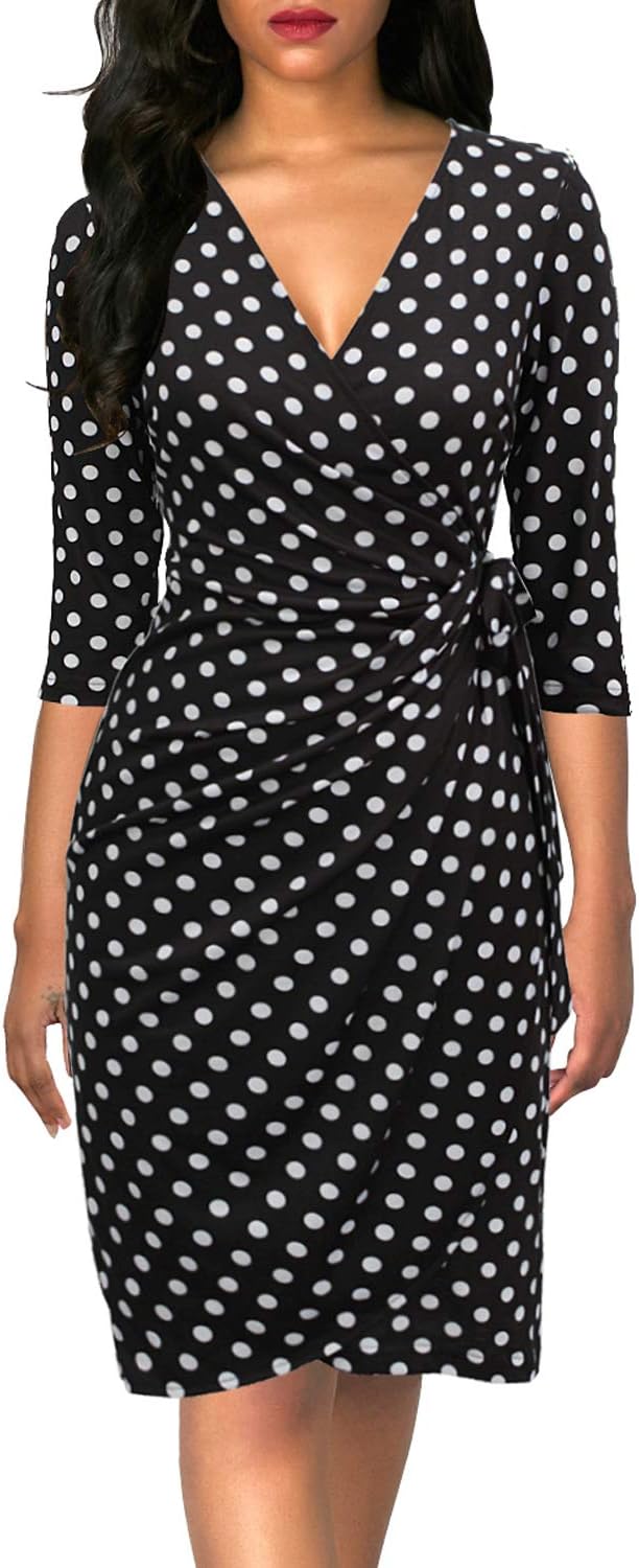 Faux wrap midi dress with V-neck, 3/4 sleeves, and ruched sheath silhouette