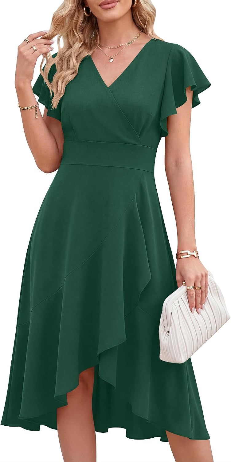 ANRABESS Womens Fall Wedding Guest Cocktail Semi Formal Wrap Midi Dresses | High-Low Ruffle Hem, V Neck A Line Flutter Sleeve, Elegant Classy, Ideal for Homecoming Prom, Evening Party