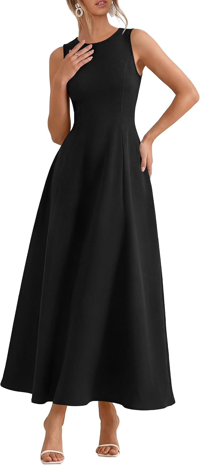 Sleeveless maxi tank dress with flared A-line skirt and pockets