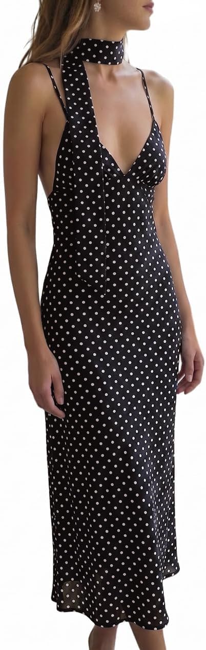Polka dot backless maxi dress with v-neck and spaghetti straps