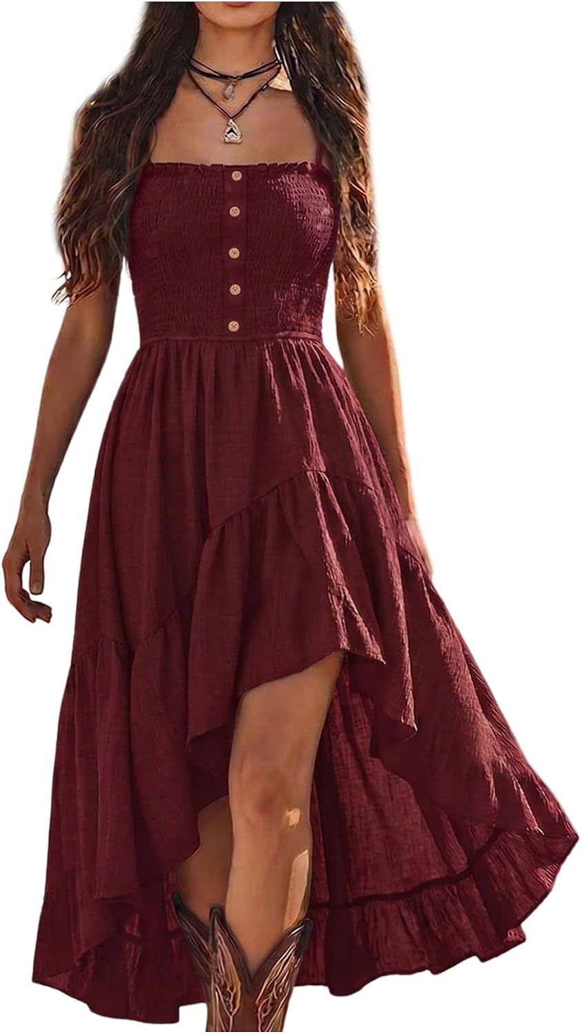BEAUDRM Women's Western Long Dress Flowy Ruffle Boho Cowgirl Cami Dresses | Country Concert Outfit, Vacation Cowgirl Dress, High Low Hem, Vintage, Flowy, Sleeveless