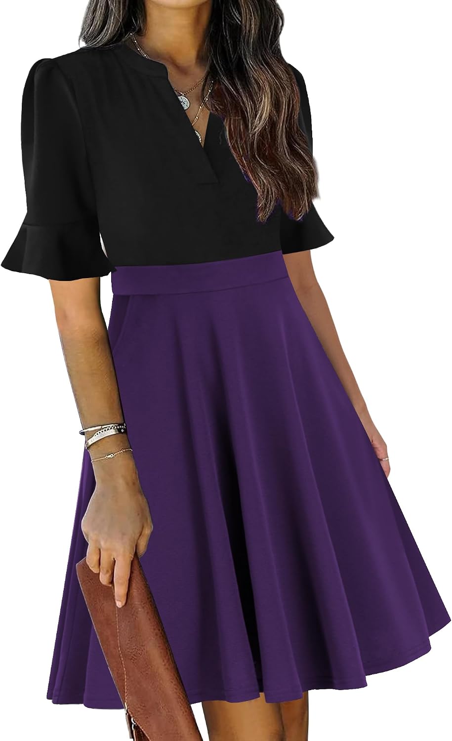 Ruffle sleeve fit-and-flare dress with V-neck and knee-length hem