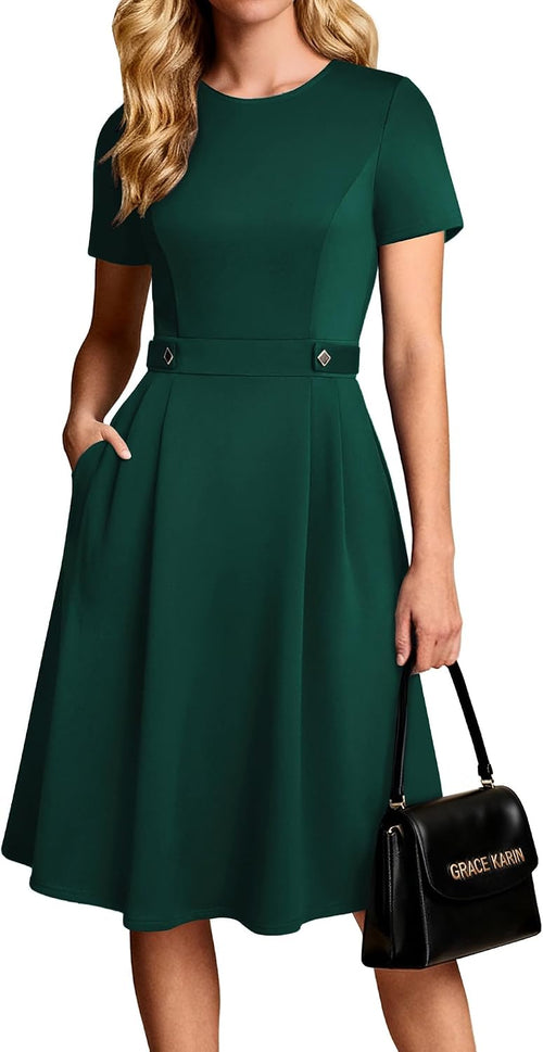 A-line midi dress with short sleeves and side pockets