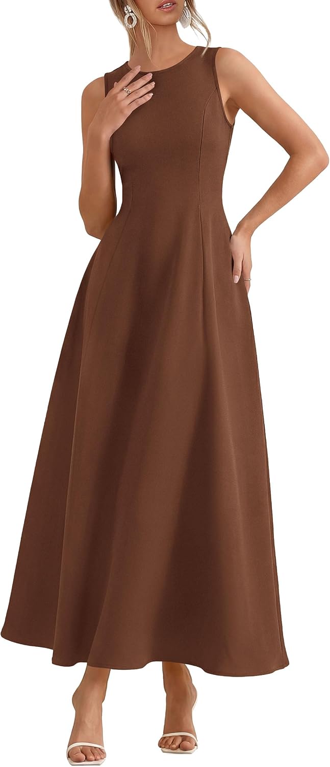 Sleeveless maxi tank dress with flared A-line skirt and pockets