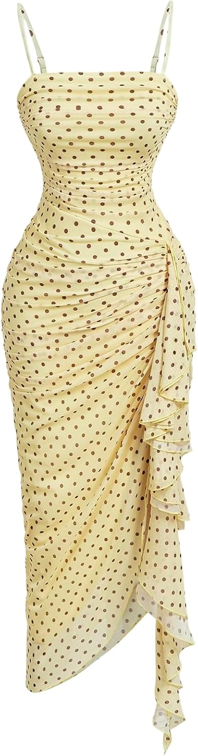 Floral mesh bodycon midi dress with high slit and ruched detailing