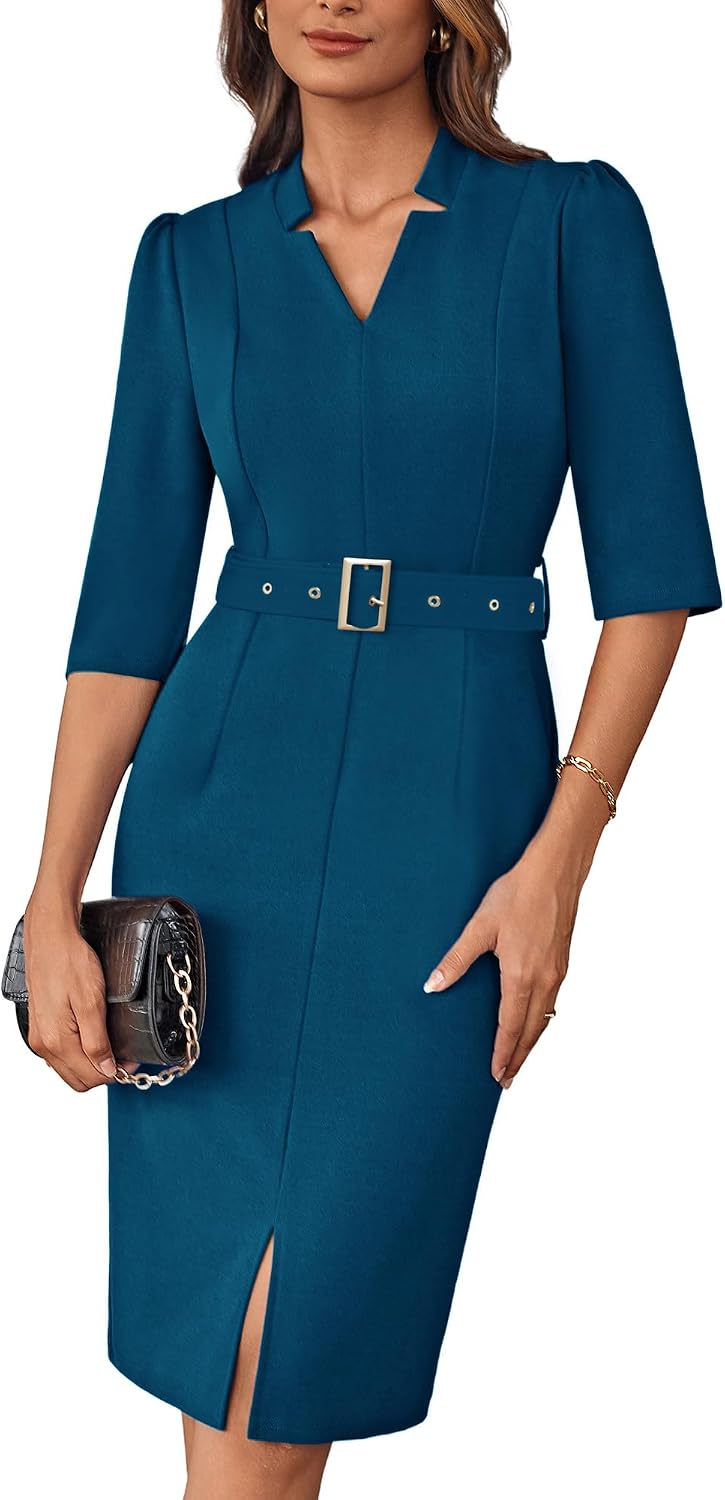 Front view of belted sheath work dress